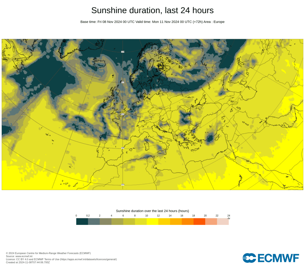 Tempo no domingo, 10 de novembro - Temperaturas voltam a subir para os 25ºC em alguns locais (e até 30ºC na Madeira!) - mas pode haver uma mudança a caminho - saiba tudo! Número de horas de sol previstas - ECMWF - domingo, 10 de novembro
