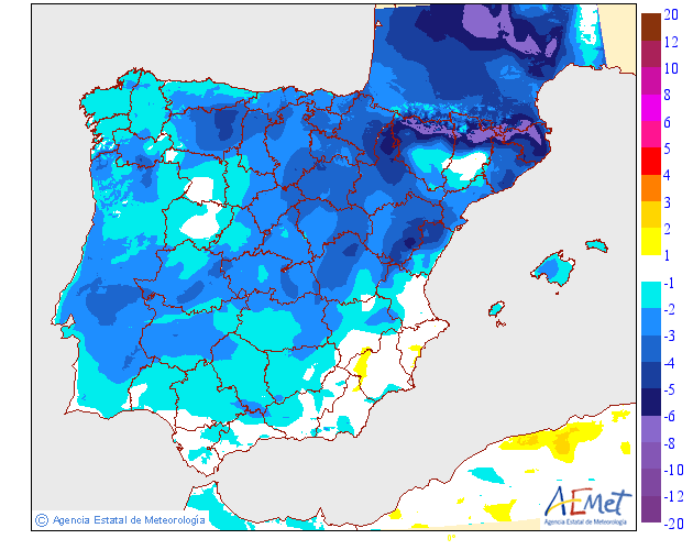 Tempo na terça, 12 de novembro - Bastante vento, temperaturas descem, e começa a notar-se uma mudança - saiba as nossas previsões completas! Variação de temperatura máxima, terça, 12 de novembro - previsão AEMET