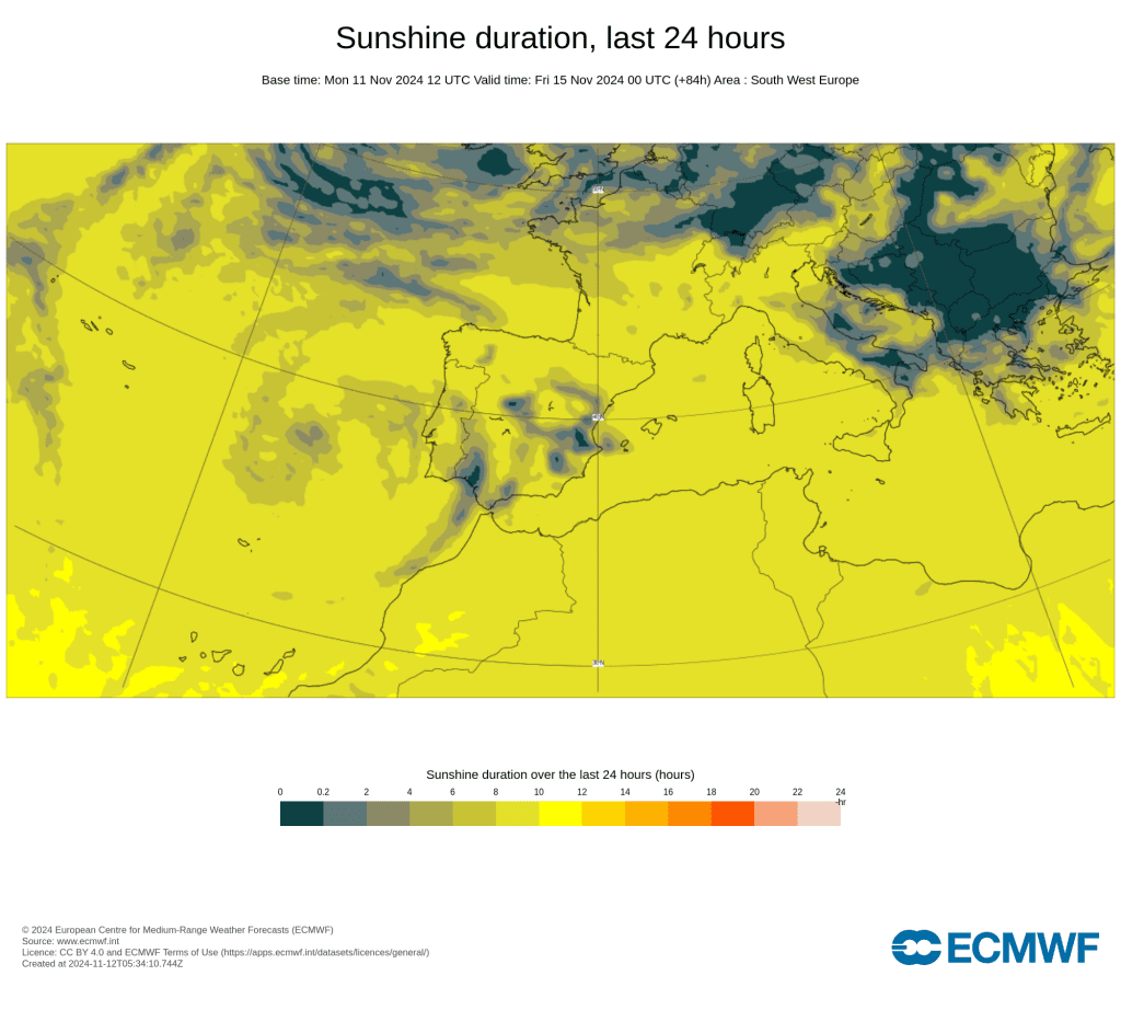 Tempo na quinta, 14 de novembro - Depressão traz muita chuva, trovoada e bastante vento - saiba como estará o tempo na sua região! Número de horas de sol - ECMWF\IFS, quinta, 14 de novembro