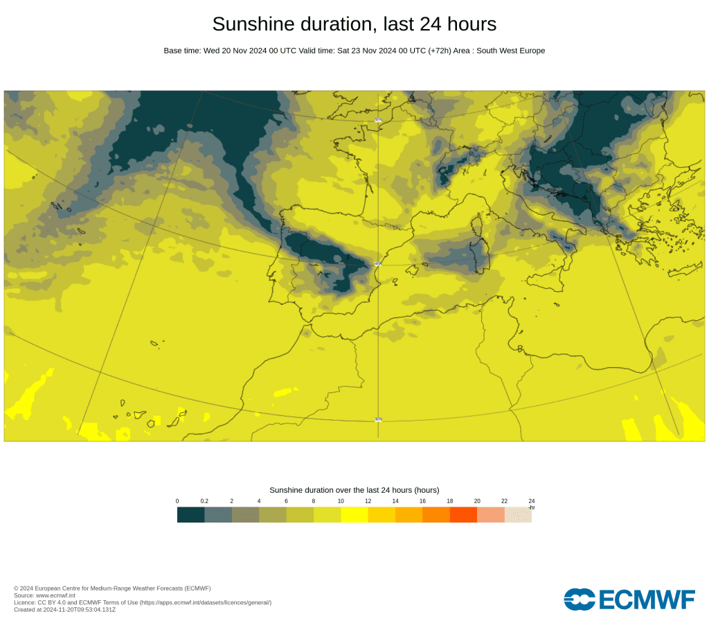 Tempo na sexta, 22 de novembro - Continua a chover mais a Norte, temperaturas voltam a subir a Sul - saiba a previsão e o que pode vir no fim-de-semana! Número de horas de sol previstas - ECMWF - sexta, dia 22 de novembro