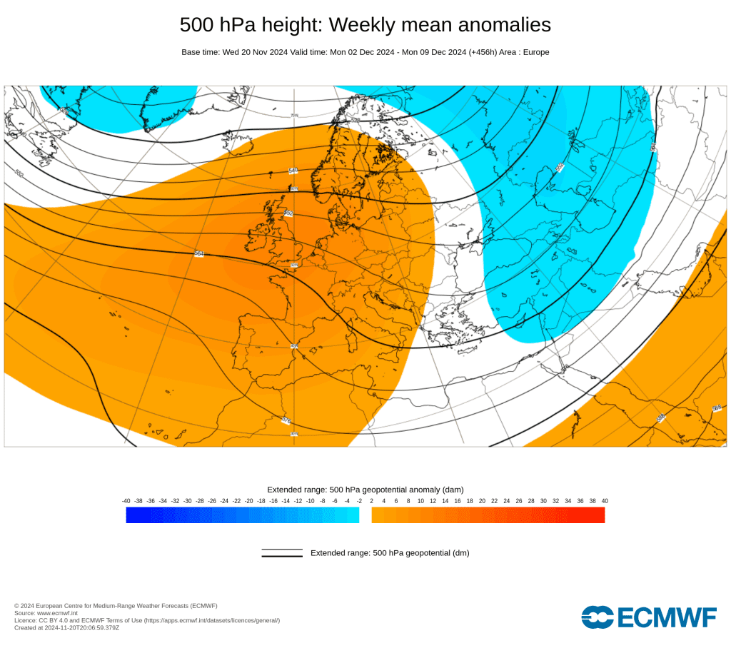 Tempo no sábado, 23 de novembro - Aproxima-se uma forte depressão, sábado com bastante vento, mas com sol, poeiras e... CALOR? Previsão completa! Anomalia de geopotencial na primeira semana de dezembro - ECMWF - tempo seco?