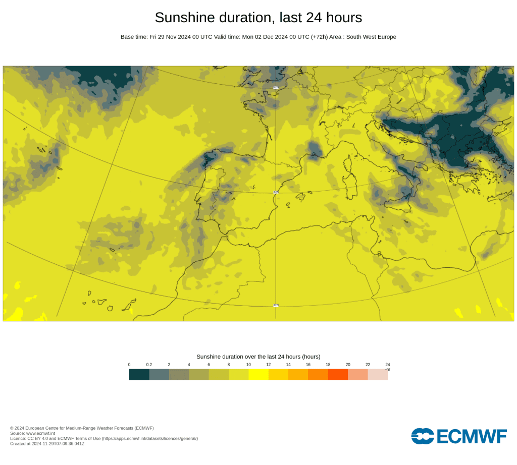 Tempo no domingo, 1 de dezembro - Muitas nuvens e tempo abafado - será que pode chover? Saiba a nossa previsão completa! Número de horas de sol previstas para domingo, 1 de dezembro - ECMWF