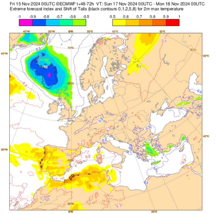 Tempo no fim-de-semana - Massa de ar vinda de África traz poeiras e temperaturas mais altas - tempo mais seco, mas por quanto tempo? Saiba tudo! Tempo mais quente - Extremos de temperatura ECMWF, Domingo - frio no Norte das Ilhas Britânicas, temperaturas acima da média no Sul da Europa e Norte de África