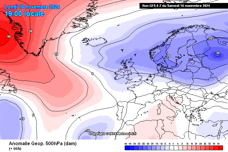 Tempo na segunda, 18 de novembro - Forte depressão (Bert?) a caminho do Norte da Europa, alguma instabilidade em Portugal - saiba como estará na sua região! Pressão e geopotencial - anomalia para segunda, 18 de novembro - GFS