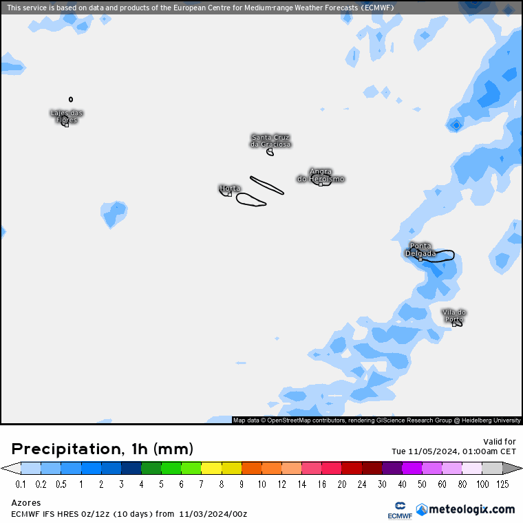 Tempo na terça, 5 de novembro - Bastante chuva devido aos efeitos de uma superfície frontal - mau tempo também nos Açores - saiba como poderá estar na sua região! Chuva nos Açores - Terça, dia 5 de novembro - ECMWF