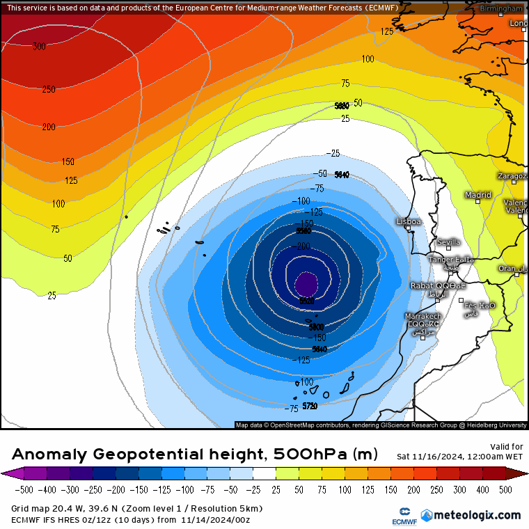 Temporal na Madeira - sexta e sábado, 15-16 de novembro de 2024 - DANA afeta o arquipélago da Madeira, saiba a previsão completa! Anomalia de geopotencial entre 15 a 18 de novembro