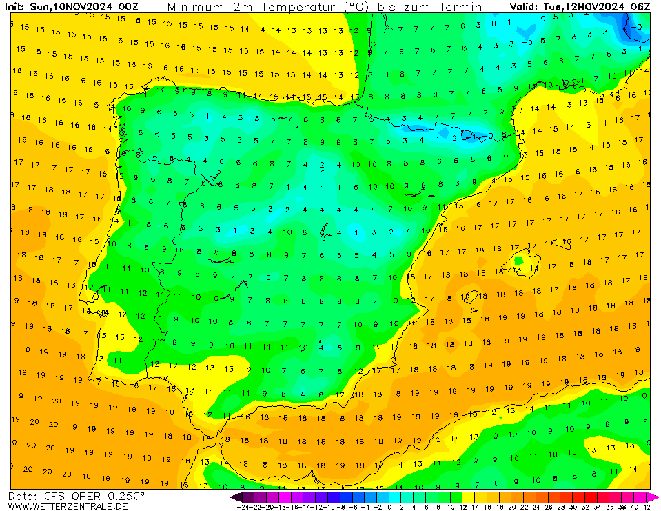 Tempo na terça, 12 de novembro - Bastante vento, temperaturas descem, e começa a notar-se uma mudança - saiba as nossas previsões completas! Temperaturas na terça, 12 de novembro - previsão GFS