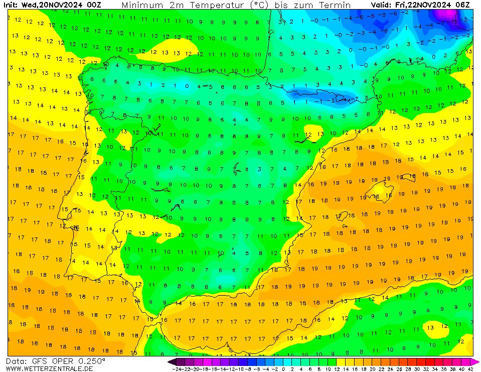 Tempo na sexta, 22 de novembro - Continua a chover mais a Norte, temperaturas voltam a subir a Sul - saiba a previsão e o que pode vir no fim-de-semana! Temperaturas na sexta 22 de novembro,, previsão GFS