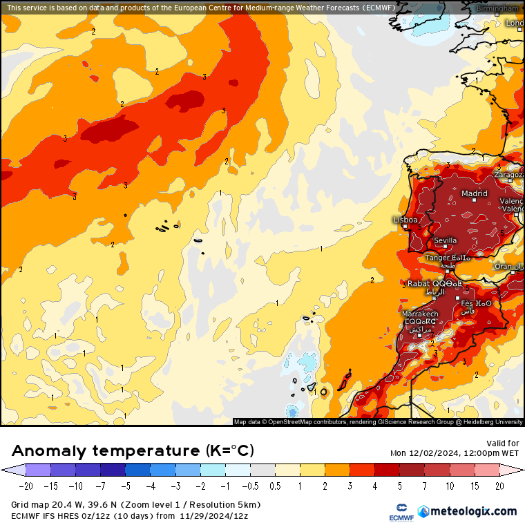 Tempo na segunda, 2 de dezembro - Alguns aguaceiros para arrancar a semana - mas também bastante sol - saiba toda a informação meteorológica! Anomalia de temperaturas segunda, 2 de dezembro - ECMWF