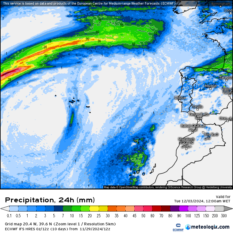 Tempo na segunda, 2 de dezembro - Alguns aguaceiros para arrancar a semana - mas também bastante sol - saiba toda a informação meteorológica! Precipitação prevista para segunda, 2 de dezembro - ECMWF