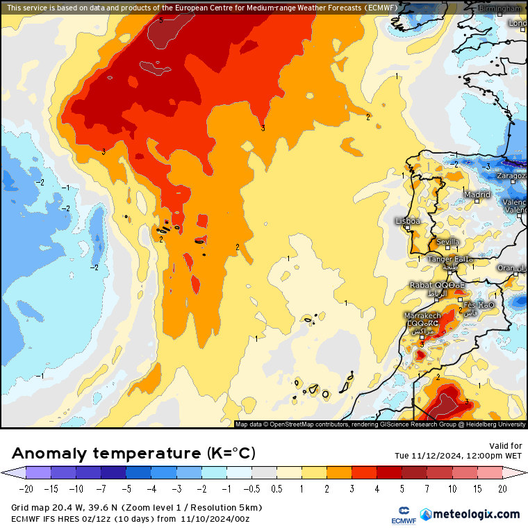 Tempo na terça, 12 de novembro - Bastante vento, temperaturas descem, e começa a notar-se uma mudança - saiba as nossas previsões completas! Anomalia de temperaturas para terça, 12 de novembro - previsão GFS