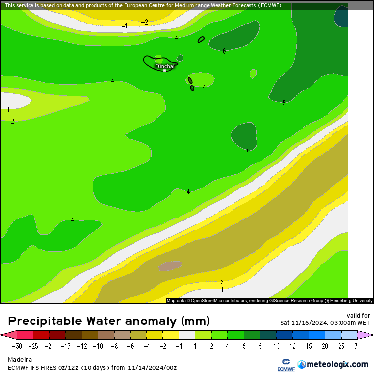 Temporal na Madeira - sexta e sábado, 15-16 de novembro de 2024 - DANA afeta o arquipélago da Madeira, saiba a previsão completa! Anomalia de água precipitável - madrugada de sábado, 16 de novembro