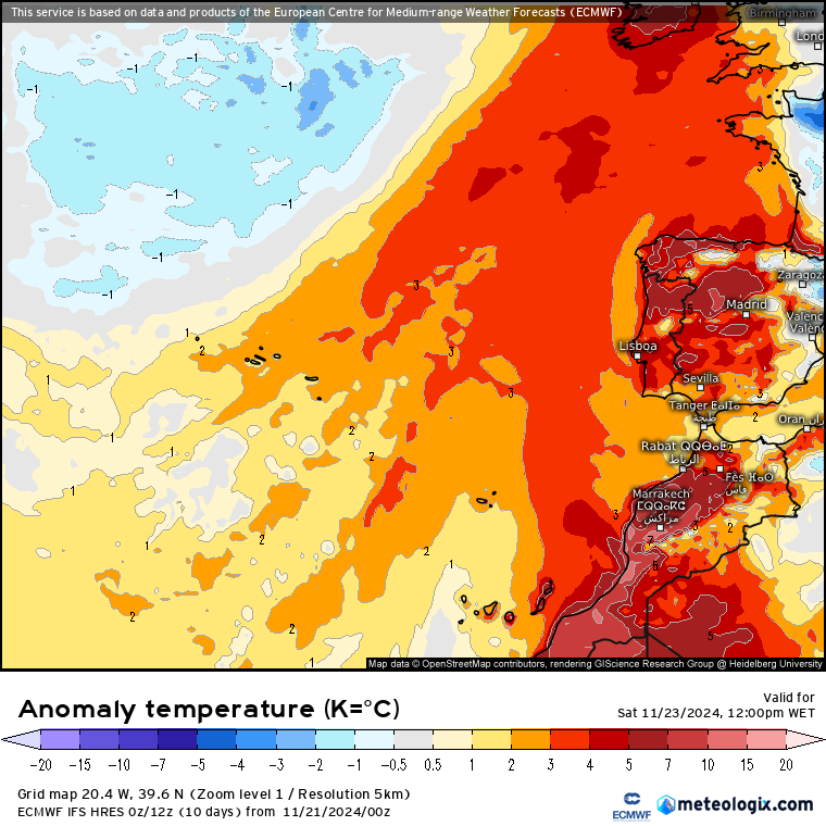 Tempo no sábado, 23 de novembro - Aproxima-se uma forte depressão, sábado com bastante vento, mas com sol, poeiras e... CALOR? Previsão completa! Anomalia de temperaturas prevista - sábado, 12h - ECMWF