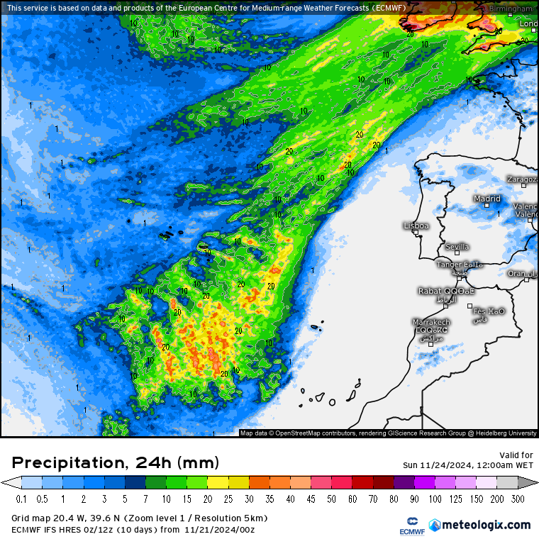 Tempo no sábado, 23 de novembro - Aproxima-se uma forte depressão, sábado com bastante vento, mas com sol, poeiras e... CALOR? Previsão completa! Precipitação prevista - ECMWF, sábado, 23 de novembro