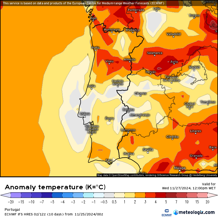 Tempo na quarta, 27 de novembro - Uma depressão posiciona-se perto dos Açores, será que veremos novas mudanças no tempo em breve? Saiba a previsão e análise completa! Anomalia de temperaturas na quarta, 27 de novembro - 12h