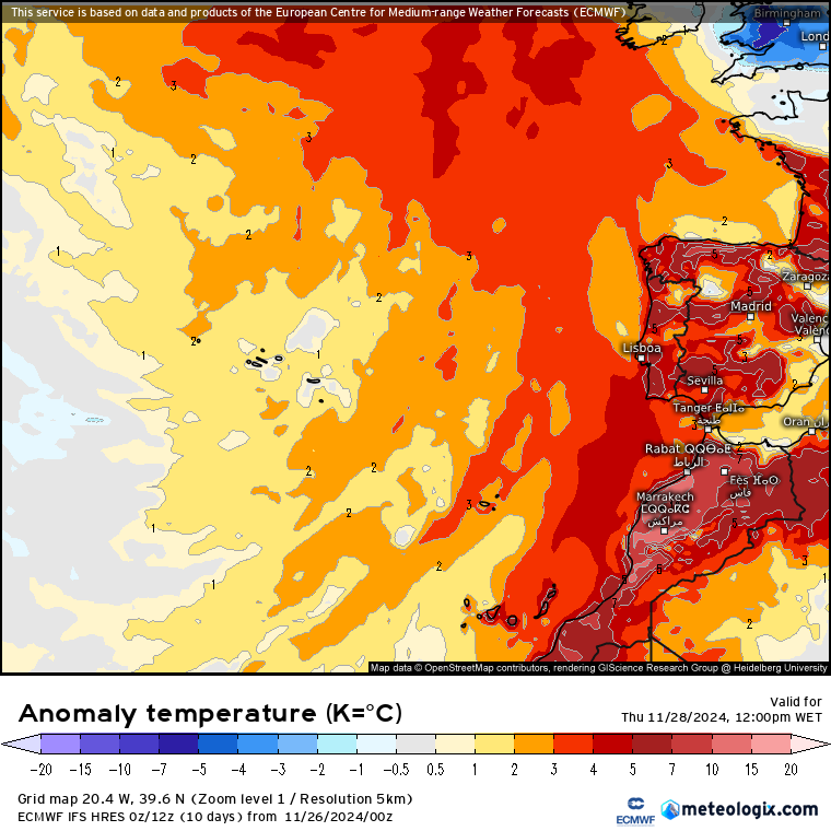 Tempo na quinta, 28 de novembro - Regresso do vento mais forte, poeiras... e do calor - saiba a previsão para este dia, e o que poderá chegar no final da semana! Anomalia de temperaturas previstas, 12h de quinta-feira, dia 28 novembro - ECMWF
