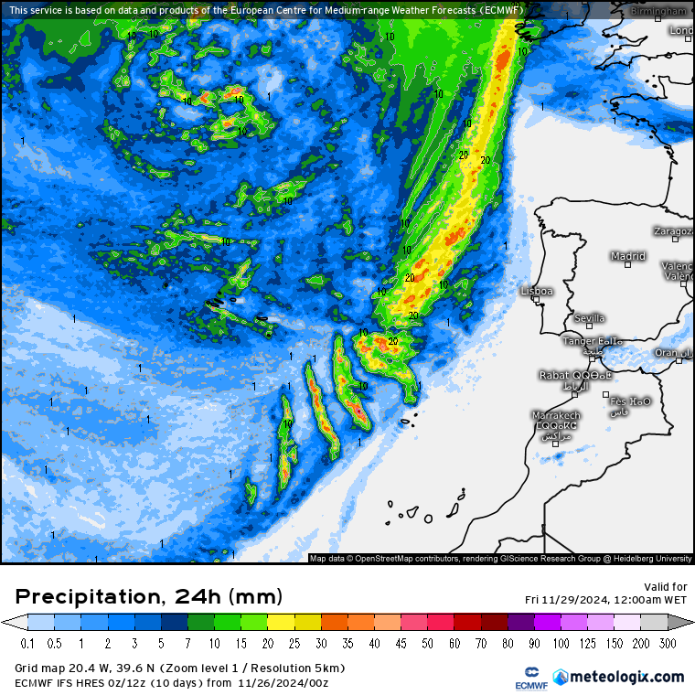 Tempo na quinta, 28 de novembro - Regresso do vento mais forte, poeiras... e do calor - saiba a previsão para este dia, e o que poderá chegar no final da semana! Precipitação prevista, previsão ECMWF - 28 de novembro