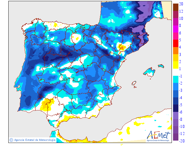 Tempo na terça, 3 de dezembro - Temperaturas descem bastante, finalmente parece inverno - pode haver mais uma frente em aproximação - saiba a previsão completa! Temperaturas previstas - Variação das máximas para terça, 3 de dezembro -AEMET