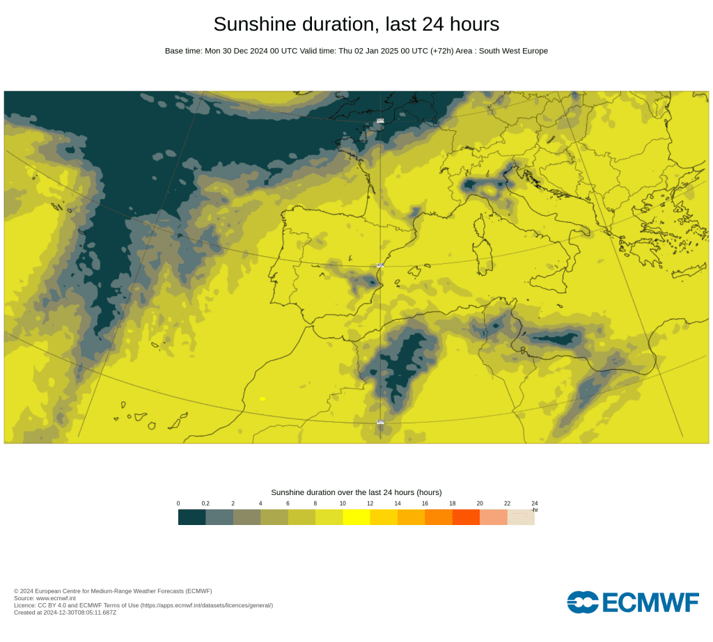 Tempo na quarta, 1 de janeiro de 2025 - Ano Novo, "tempo velho" - frio, nevoeiro... e uma frente a aproximar-se - saiba a previsão completa! Número de horas de sol previsto, ECMWF - 1 de dezembro 2025