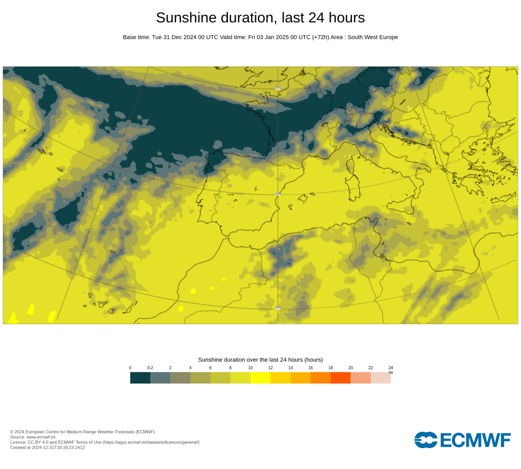 Tempo na quinta, 2 de janeiro - Regressa a chuva a Portugal devido a uma área de baixa pressão... para já apenas em algumas regiões - saiba as previsões completas! Número de horas de sol previstas pelo modelo ECMWF para quinta, 2 de janeiro