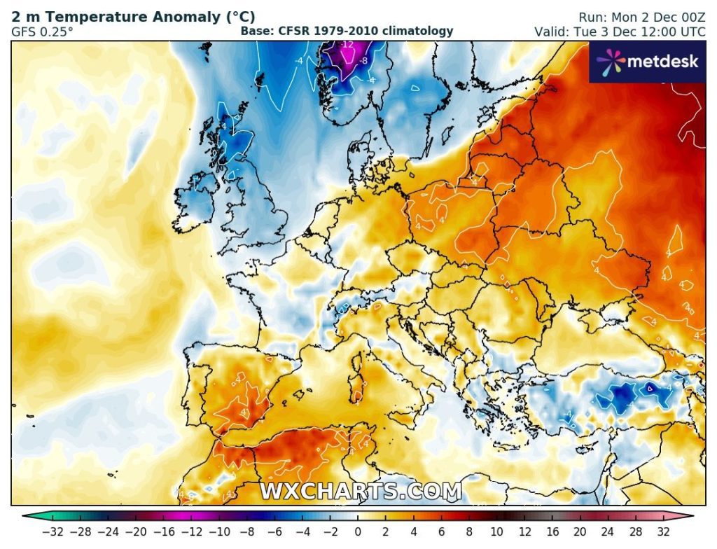 Tempo na terça, 3 de dezembro - Temperaturas descem bastante, finalmente parece inverno - pode haver mais uma frente em aproximação - saiba a previsão completa! Anomalia de temperaturas na Europa - Previsão ECMWF