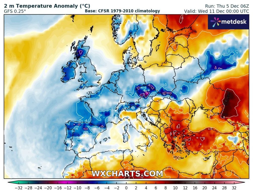 Tempestade Darragh - Violenta tempestade afeta as ilhas Britânicas entre sexta e sábado (6-7 dezembro), e mudará por completo o tempo na Europa, incluindo Portugal - saiba os detalhes! Previsão de anomalia de temperaturas na Europa, até 10ºC abaixo do normal, entre dias 8\9 e 11\12 de dezembro - massa de ar frio