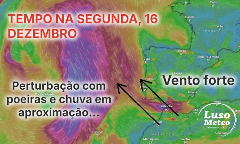Tempo na segunda, 16 de dezembro - Muito vento, com uma perturbação em aproximação, com regresso das poeiras... chuva em aproximação? Saiba a previsão completa!