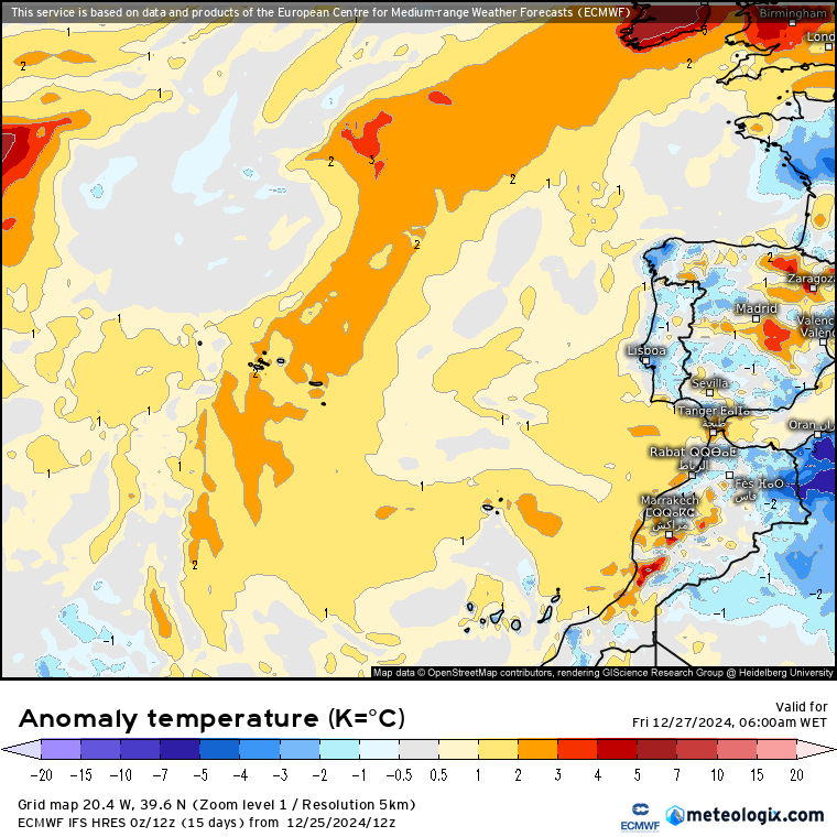 Tempo na sexta, 27 de dezembro - Mais frio (e poeiras) a caminho do fim de ano no Continente, mau tempo nos Açores - saiba a previsão completa! Amplitude térmica nesta sexta, 27 dezembro - ECMWF