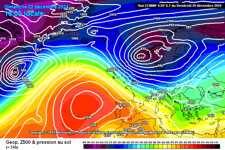 Tempo no domingo, 22 de dezembro - Bastante vento em Portugal, com depressões a provocarem bastante neve na Europa Central - saiba com o que contar na sua região! Pressão e geopotencial - previsão ECMWF para domingo, 22 de dezembro