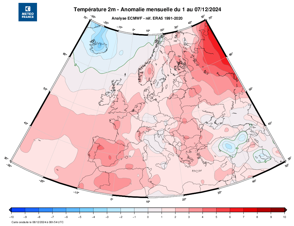 Novembro mais quente já registado em Portugal, 2024 mais de 1.5ºC acima da era pré-industrial - aquecimento global descontrolado - o que ainda pode trazer dezembro? Anomalia da temperatura em dezembro, até dia 7 - ECMWF ERA5