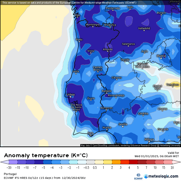 Tempo na quarta, 1 de janeiro de 2025 - Ano Novo, "tempo velho" - frio, nevoeiro... e uma frente a aproximar-se - saiba a previsão completa! Anomalia de temperaturas na quarta, 1 de janeiro 2025 - ECMWF (mínimas\máximas)