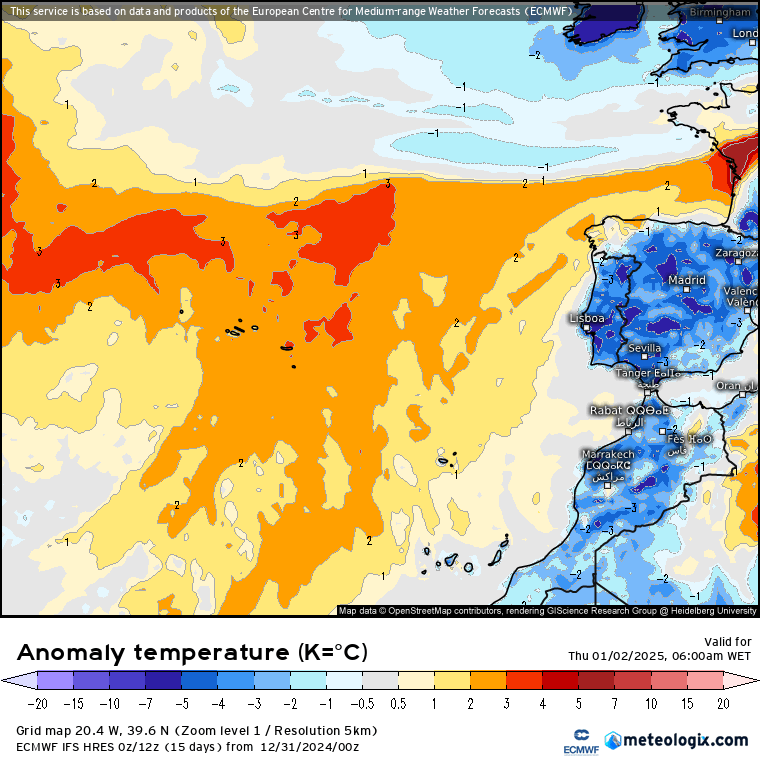 Tempo na quinta, 2 de janeiro - Regressa a chuva a Portugal devido a uma área de baixa pressão... para já apenas em algumas regiões - saiba as previsões completas! Tempo na quinta, 2 de janeiro - anomalia de mínimas e máximas, ECMWF