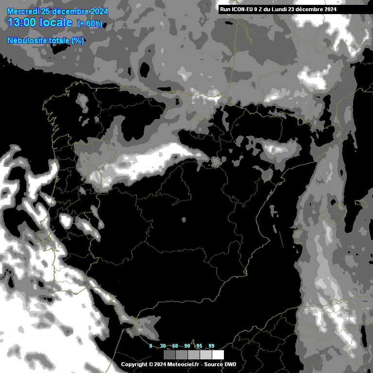 Tempo na quarta, 25 de dezembro - Dia com sol... mas não será para todos! Saiba em que regiões são esperados nevoeiros e nebulosidade! Nebulosidade prevista para as 12h - 25 de dezembro 2024