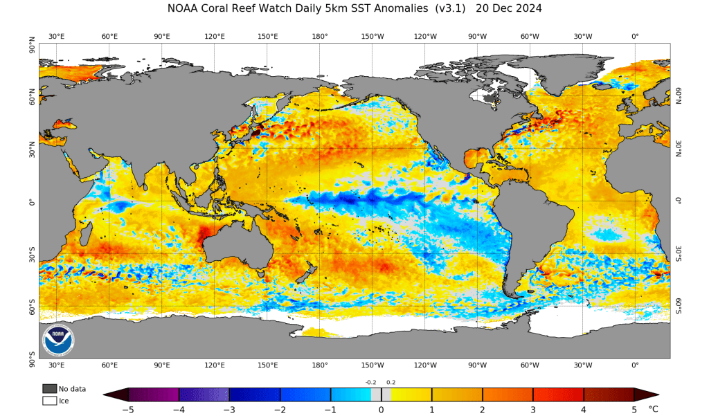 Tempo na segunda, 23 de dezembro - Vento promete soprar bem forte, devido ao anticiclone e a uma depressão a leste - saiba a previsão completa! Anomalia de temperatura da água do mar - SST