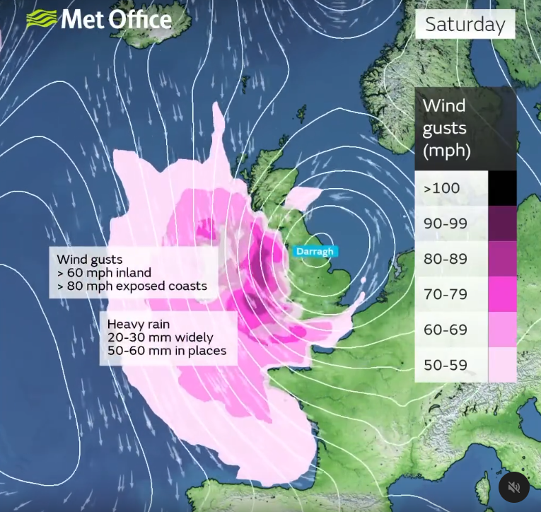 Tempestade Darragh - Violenta tempestade afeta as ilhas Britânicas entre sexta e sábado (6-7 dezembro), e mudará por completo o tempo na Europa, incluindo Portugal - saiba os detalhes! Tempestade Darragh - posicionamento no sábado, e ventos previstos pela MetOffice (7 dezembro)