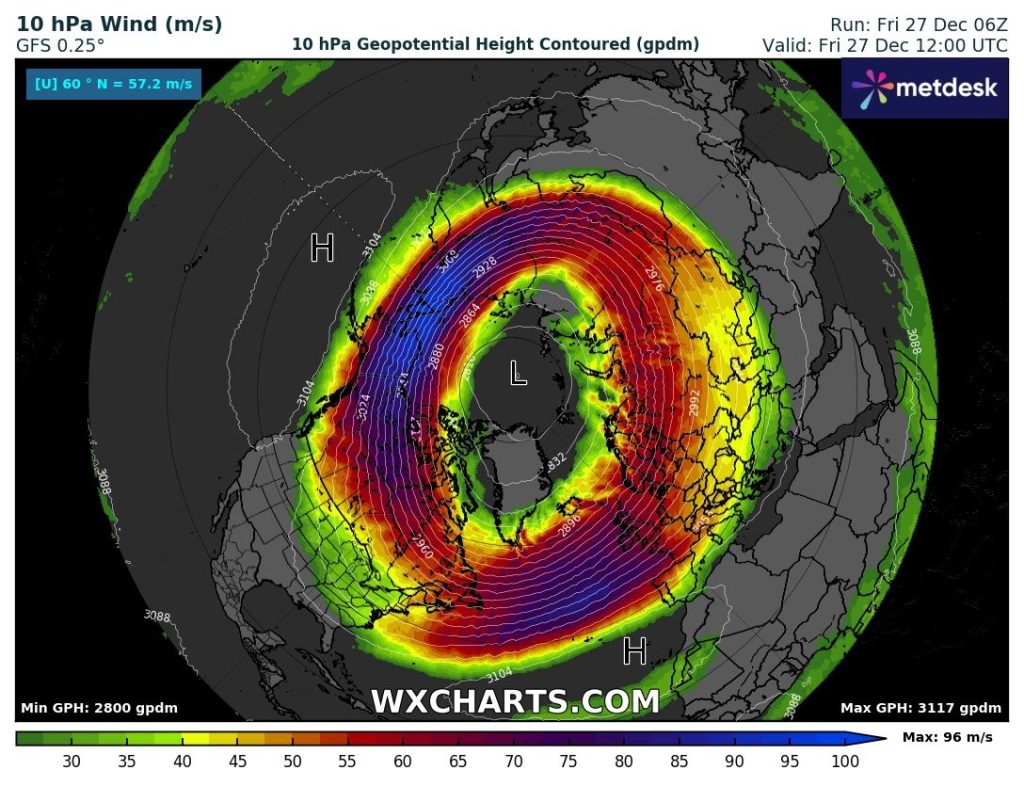 Vórtice polar - Vento recorde na estratosfera mantém os ciclones sobre o Ártico - poderá uma mudança durante o Inverno "salvar-nos" da seca em 2025? Vórtice polar recorde para a época do ano na análise ERA-5