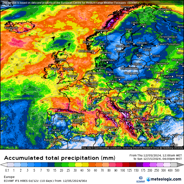 Tempestade Darragh - Violenta tempestade afeta as ilhas Britânicas entre sexta e sábado (6-7 dezembro), e mudará por completo o tempo na Europa, incluindo Portugal - saiba os detalhes! Precipitação prevista pelo modelo ECMWF até dia 15 de dezembro na Europa