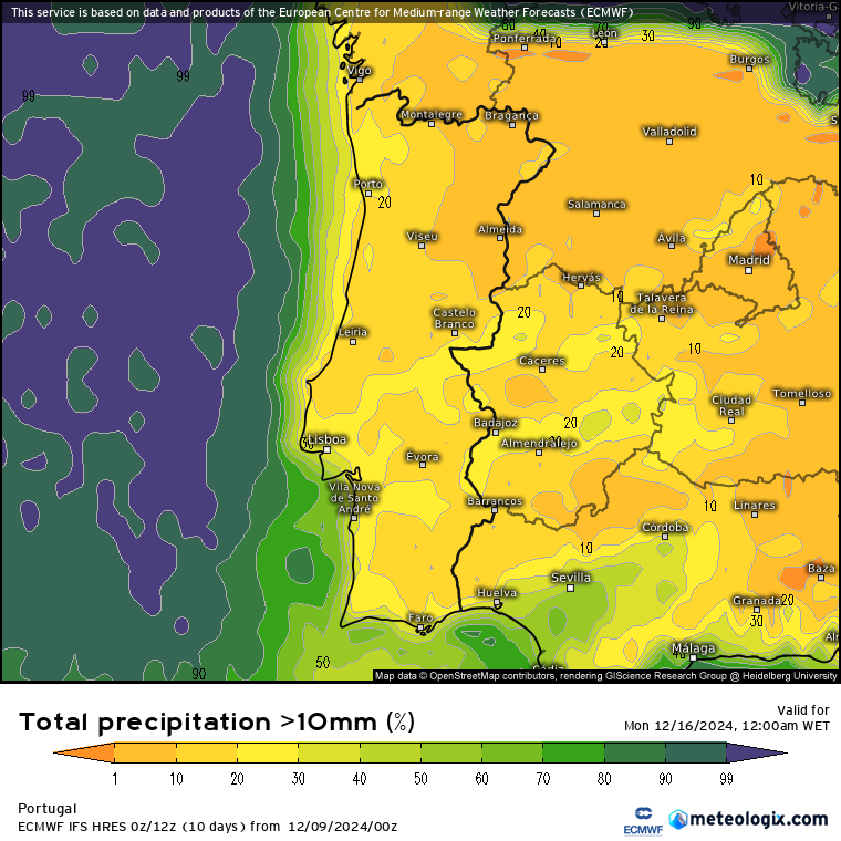 Tempo na quarta, 11 de dezembro - Um dia de sol... mas muito frio! E continua a possibilidade de alguma neve... localizada! Saiba a previsão completa! Probabilidade de precipitação até final de dia 15 (Acima de 10mm) - EPS\ECMWF