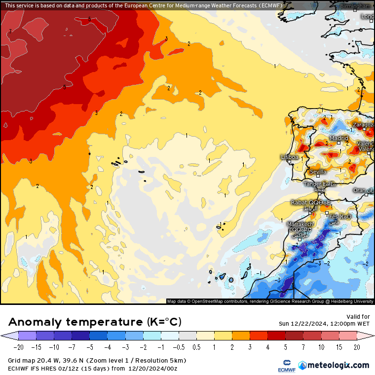 Tempo no domingo, 22 de dezembro - Bastante vento em Portugal, com depressões a provocarem bastante neve na Europa Central - saiba com o que contar na sua região! Anomalia de temperaturas previstas para domingo, 22 de dezembro, ECMWF