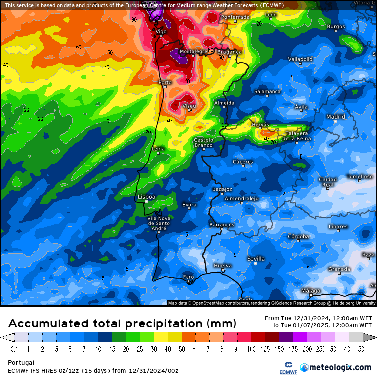 Tempo na quinta, 2 de janeiro - Regressa a chuva a Portugal devido a uma área de baixa pressão... para já apenas em algumas regiões - saiba as previsões completas! Chuva prevista até dia 7 de janeiro segundo o modelo ECMWF-IFS