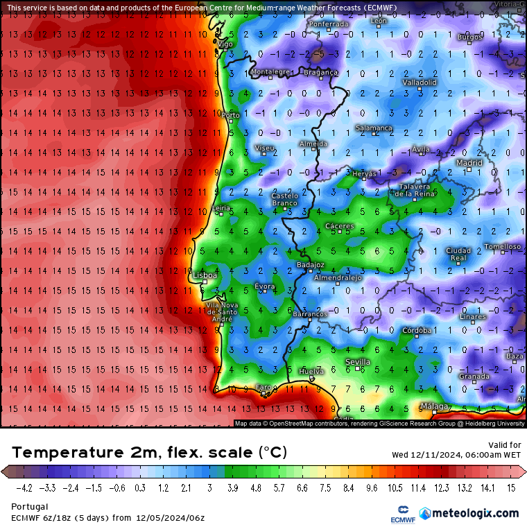 Tempo no sábado, 7 de dezembro de 2024 - Frente associada à depressão "Darragh" traz chuva e vento - temperaturas começam a descer - saiba tudo! Temperatura mínima prevista para quinta, 11 de dezembro 2024, segundo a previsão ECMWF