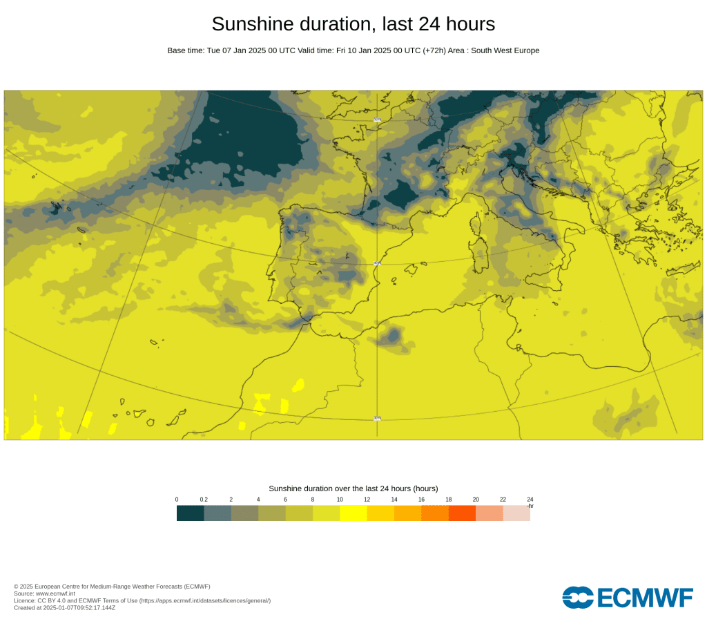 Tempo na quinta, 9 de janeiro de 2025 - "Disparam as temperaturas", mas ainda chove em algumas regiões - saiba a previsão completa! Número de horas de sol previstas para quinta-feira, 9 de janeiro - ECMWF