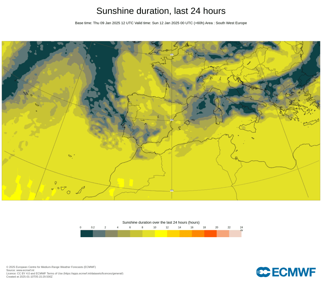 Tempo no sábado, 11 de janeiro de 2025 - Início de dia com chuva e vento, mas uma mudança significativa está a caminho! Saiba como estará na sua região, e o que esperar! Número de horas de sol previstas, ECMWF - 11 de janeiro de 2025