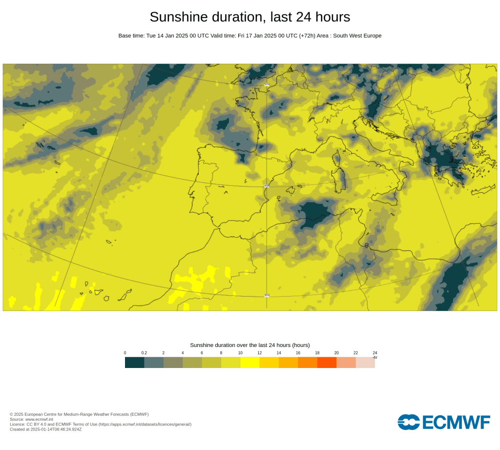 Tempo na quinta, 16 de janeiro 2025 - Regressam as nuvens a algumas regiões, com nortada - má qualidade do ar - Saiba como mudam as temperaturas, e como estará na sua região! Número de horas de sol, previstas para esta quinta-feira, 16 de janeiro - ECMWF