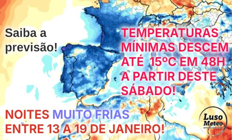 Tempo frio - As temperaturas mínimas descem cerca de 15ºC em 48 horas a partir deste sábado, e podem vir as noites mais frias deste inverno! - Saiba como evoluirão as temperaturas entre 13 e 19 de janeiro na sua região