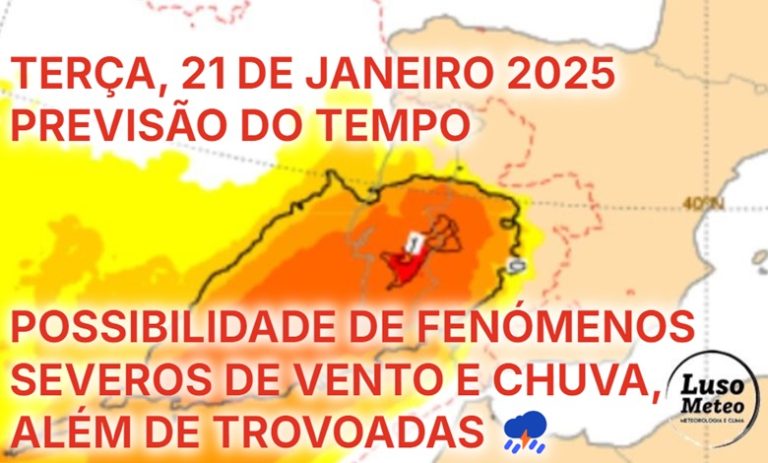 Tempo na terça, 21 de janeiro – Dia de trovoadas e vento, assim como risco de inundações – saiba em que regiões é mais provável com a nossa previsão completa! Tempo na terça, 21 de janeiro - Dia de trovoadas e vento, assim como risco de inundações - saiba em que regiões é mais provável com a nossa previsão completa!