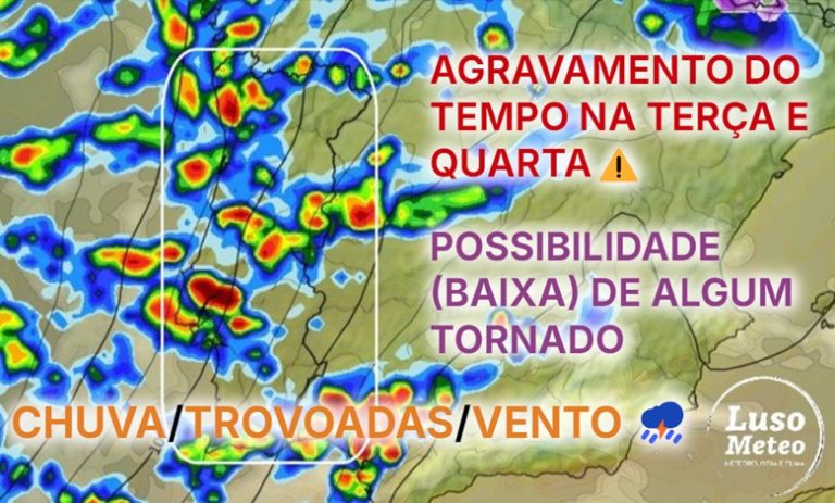 Chuva, trovoadas e possíveis fenómenos extremos de vento na terça e quarta-feira – agravamento significativo do tempo nas próximas 48 horas Chuva, trovoadas e possíveis fenómenos extremos de vento na terça e quarta-feira - agravamento significativo do tempo nas próximas 48 horas