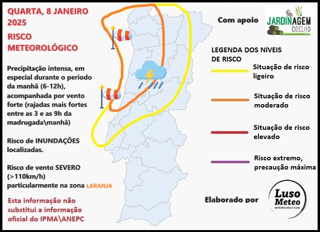 Tempo agrava-se significativamente a partir da madrugada de quarta, 8 de janeiro 2025 - Atenção ao vento severo localizado! Previsão completa atualizada Mau tempo - Vento forte, e instabilidade - chuva forte\risco de inundações