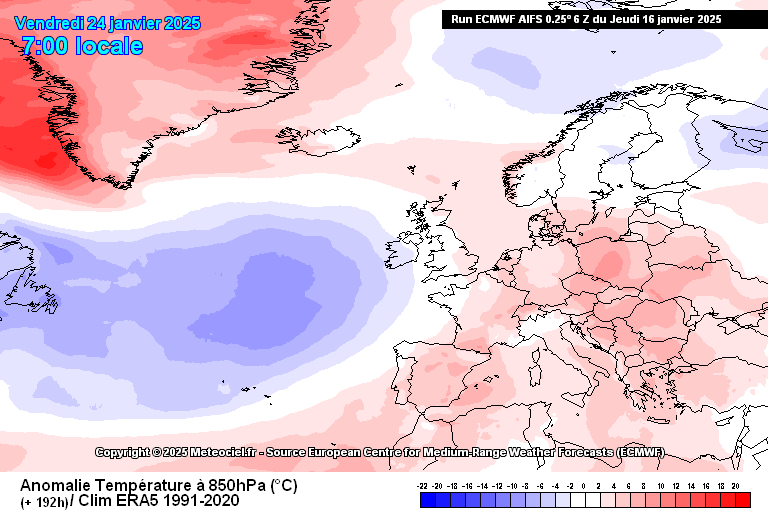 Tempestade Gabri - Forte temporal e graves inundações em partes de Itália e Norte de África 17 a 19 de janeiro - saiba como esta depressão irá evoluir! Anomalia de temperatura a 850hPA, prevista pelo modelo AIFS, para 24 de janeiro