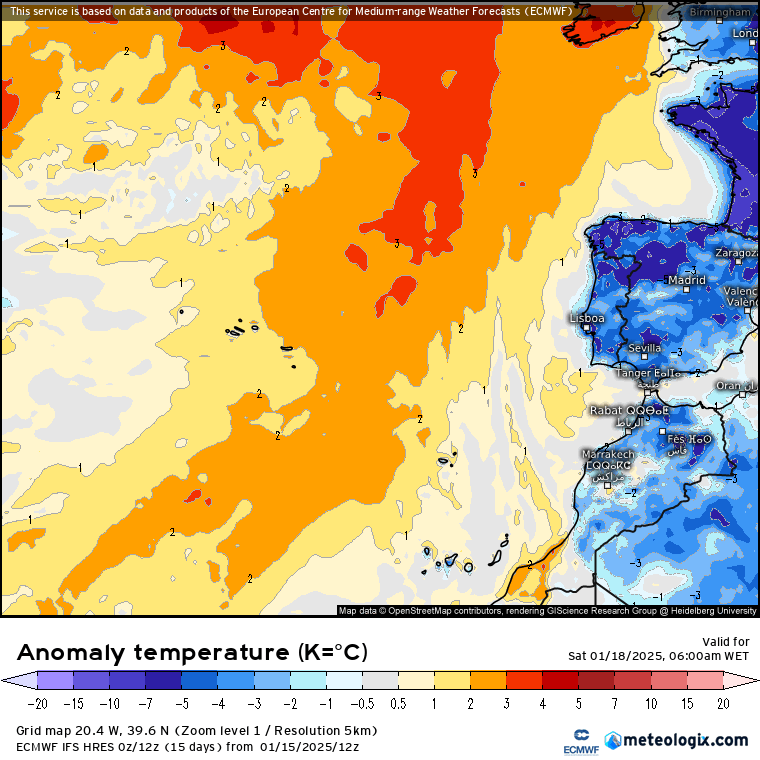 Tempo no sábado, 18 de janeiro de 2025 - Chuva aproxima-se? Anticiclone afastado e frágil levará a uma mudança gradual do tempo - saiba como estará este dia na sua região! Anomalia de temperatura prevista para este sábado, 18 de janeiro - previsão ECMWF